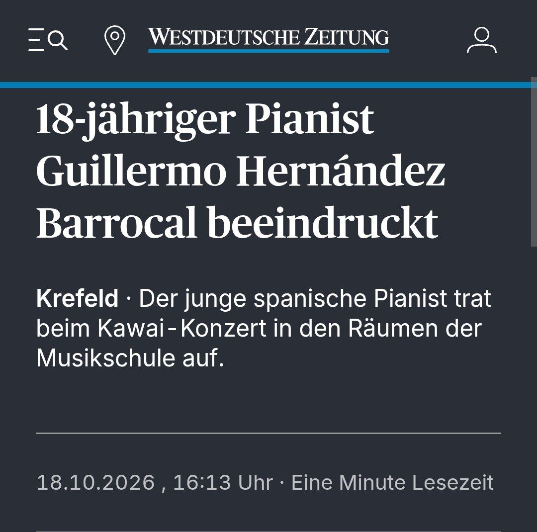 Titular de la crítica de la Westdeutsche Zeitung: «18-jähriger Pianist Guillermo Hernández Barrocal beeindruckt»